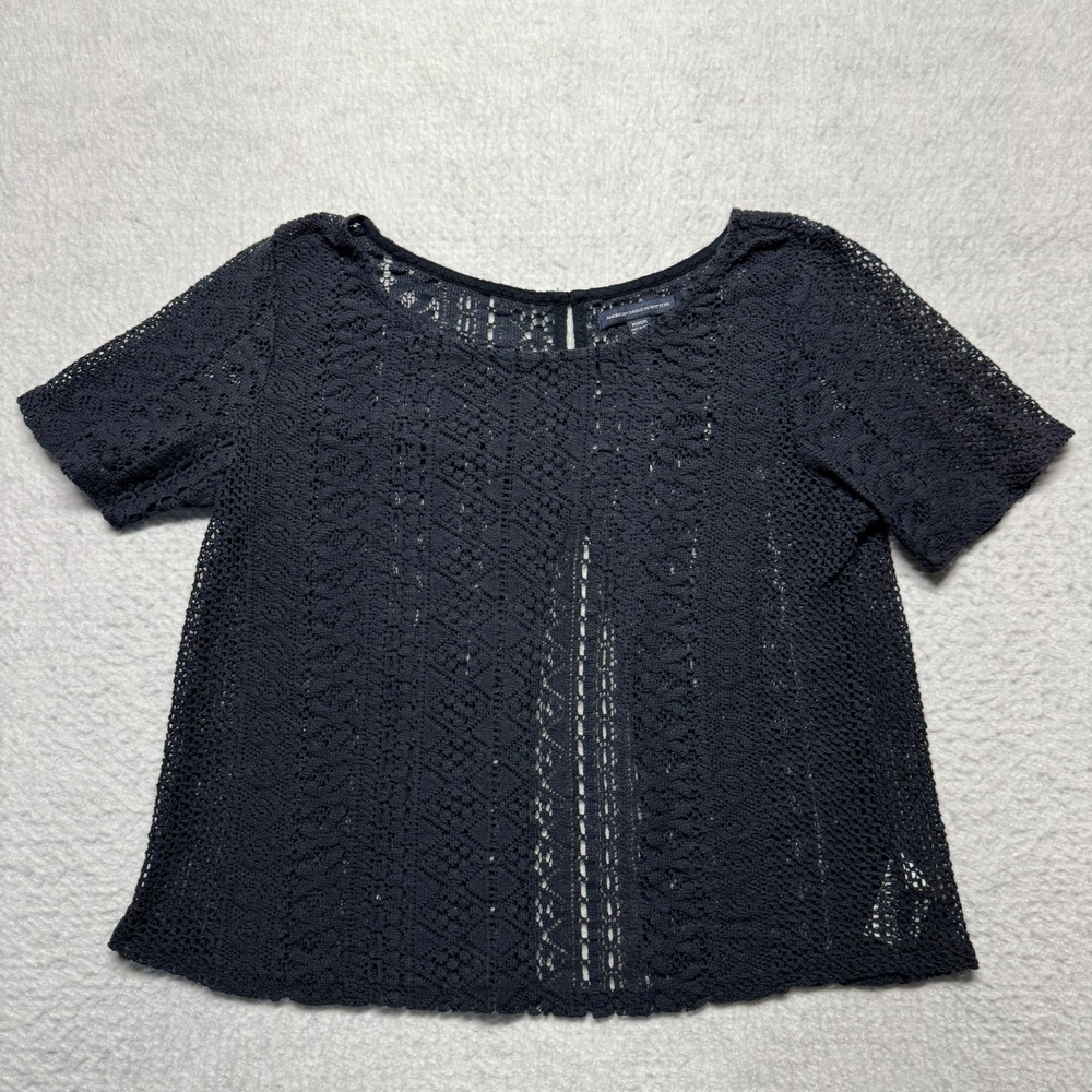 American Eagle Short Sleeve Sheer Lace Blue Crochet Type‎ Shirt Women's M